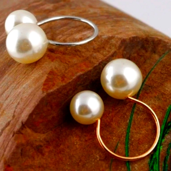 3 ring set Silver & Gold Faux Pearl Adjustable Rings - Picture 3 of 6